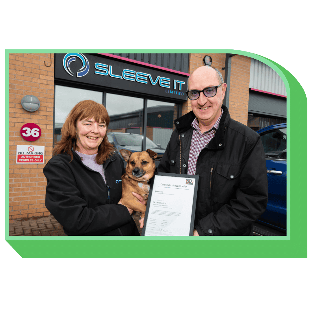Happy team with dog holding certificate outside Sleeve It store in UK.