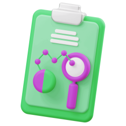 Market research clipboard with graph and magnifying glass for data analysis.