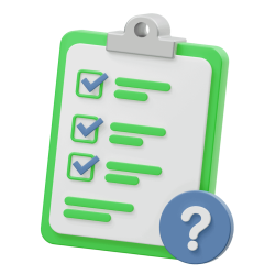 Checklist clipboard with green checkmarks and a blue question mark icon.